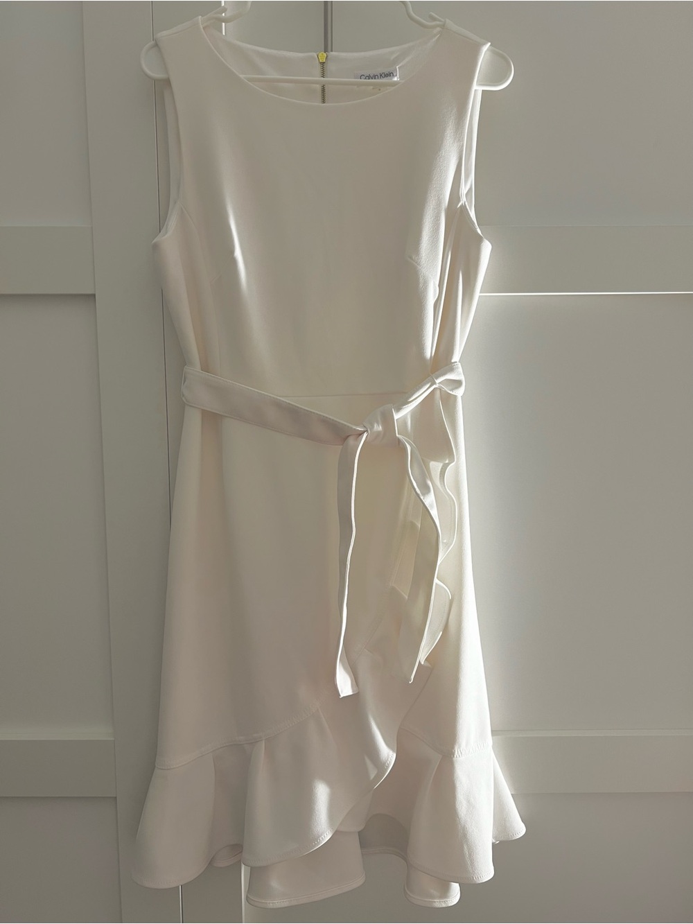 Calvin Klein White Tie-Waist Ruffle Midi Dress